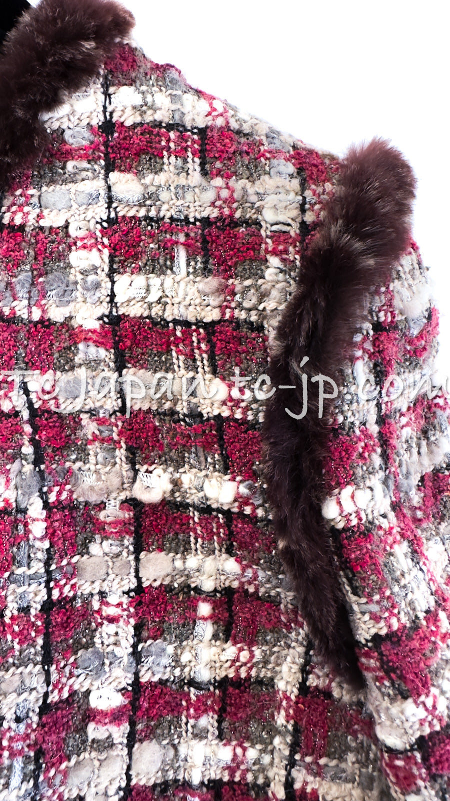 CHANEL 05A Rabbit Fur Trim Raspberry Brown Tweed Jacket Skirt Suit 38 シャネル  ラビット・ファートリム・ラズベリー・ブラウン・ツイード・ジャケット・スカート・スーツ 即発