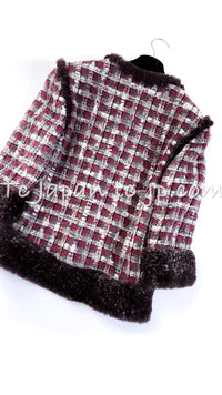 CHANEL 05A Rabbit Fur Trim Raspberry Brown Tweed Jacket Skirt Suit 38 シャネル ラビット・ファートリム・ラズベリー・ブラウン・ツイード・ジャケット・スカート・スーツ 即発