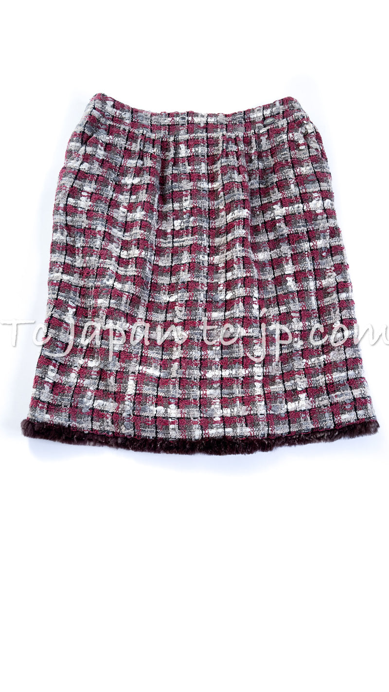 CHANEL 05A Rabbit Fur Trim Raspberry Brown Tweed Jacket Skirt Suit 38 シャネル ラビット・ファートリム・ラズベリー・ブラウン・ツイード・ジャケット・スカート・スーツ 即発