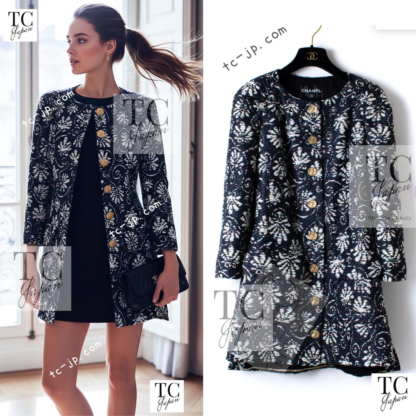 CHANEL 18C Navy Black Multi Camellia Jacquard Jacket Coat 34 36 シャネル ネイビー ブラック カメリア刺繍 ジャガード ジャケット コート