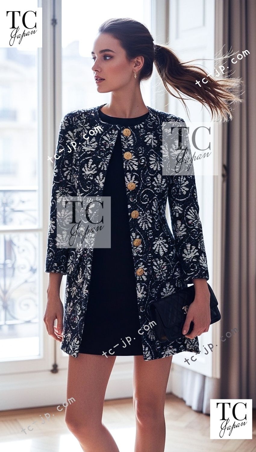 CHANEL 18C Navy Black Multi Camellia Jacquard Jacket Coat 34 36 シャネル ネイビー ブラック カメリア刺繍 ジャガード ジャケット コート - TC JAPAN