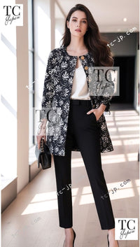 CHANEL 18C Navy Black Multi Camellia Jacquard Jacket Coat 34 36 シャネル ネイビー ブラック カメリア刺繍 ジャガード ジャケット コート