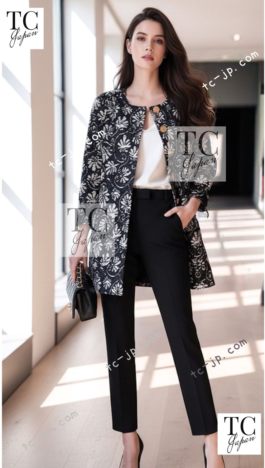 CHANEL 18C Navy Black Multi Camellia Jacquard Jacket Coat 34 36 シャネル ネイビー ブラック カメリア刺繍 ジャガード ジャケット コート