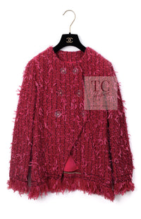 CHANEL 17PF Magenta Red Pink Fringe Trim Fantasy Tweed Jacket 40 シャネル マジェンダ レッド ピンク フリンジ トリム ファンタジー ツイード ジャケット 即発