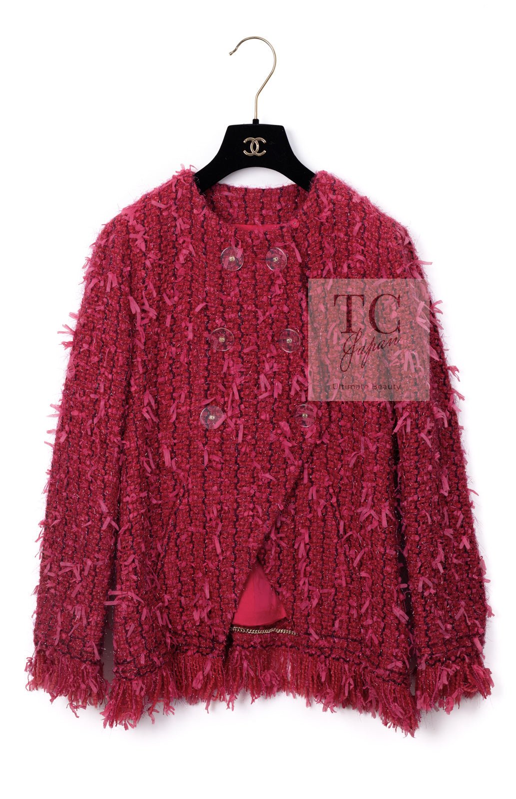 CHANEL 17PF Magenta Red Pink Fringe Trim Fantasy Tweed Jacket 40 シャネル マジェンダ レッド ピンク フリンジ トリム ファンタジー ツイード ジャケット 即発