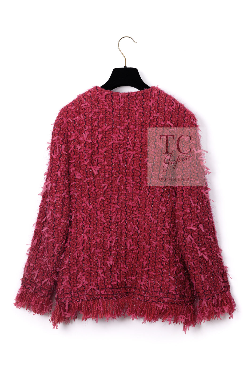 CHANEL 17PF Magenta Red Pink Fringe Trim Fantasy Tweed Jacket 40 シャネル マジェンダ レッド ピンク フリンジ トリム ファンタジー ツイード ジャケット 即発