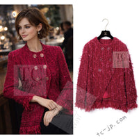 CHANEL 17PF Magenta Red Pink Fringe Trim Fantasy Tweed Jacket 40 シャネル マジェンダ レッド ピンク フリンジ トリム ファンタジー ツイード ジャケット 即発