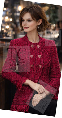 CHANEL 17PF Magenta Red Pink Fringe Trim Fantasy Tweed Jacket 40 シャネル マジェンダ レッド ピンク フリンジ トリム ファンタジー ツイード ジャケット 即発