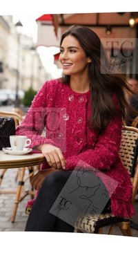 CHANEL 17PF Magenta Red Pink Fringe Trim Fantasy Tweed Jacket 40 シャネル マジェンダ レッド ピンク フリンジ トリム ファンタジー ツイード ジャケット 即発