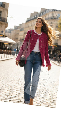 CHANEL 17PF Magenta Red Pink Fringe Trim Fantasy Tweed Jacket 40 シャネル マジェンダ レッド ピンク フリンジ トリム ファンタジー ツイード ジャケット 即発