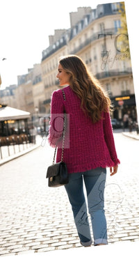 CHANEL 17PF Magenta Red Pink Fringe Trim Fantasy Tweed Jacket 40 シャネル マジェンダ レッド ピンク フリンジ トリム ファンタジー ツイード ジャケット 即発