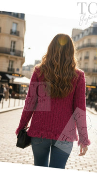 CHANEL 17PF Magenta Red Pink Fringe Trim Fantasy Tweed Jacket 40 シャネル マジェンダ レッド ピンク フリンジ トリム ファンタジー ツイード ジャケット 即発