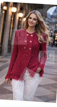 CHANEL 17PF Magenta Red Pink Fringe Trim Fantasy Tweed Jacket 40 シャネル マジェンダ レッド ピンク フリンジ トリム ファンタジー ツイード ジャケット 即発