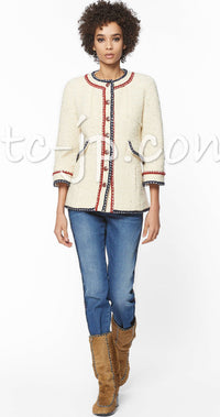 CHANEL 18PA Ivory Navy Red Tricolor Braid Trim Wool Tweed Jacket Coat 36 38 | HK