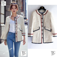 CHANEL 18PA Ivory Navy Red Tricolor Braid Trim Wool Tweed Jacket Coat 36 38 1