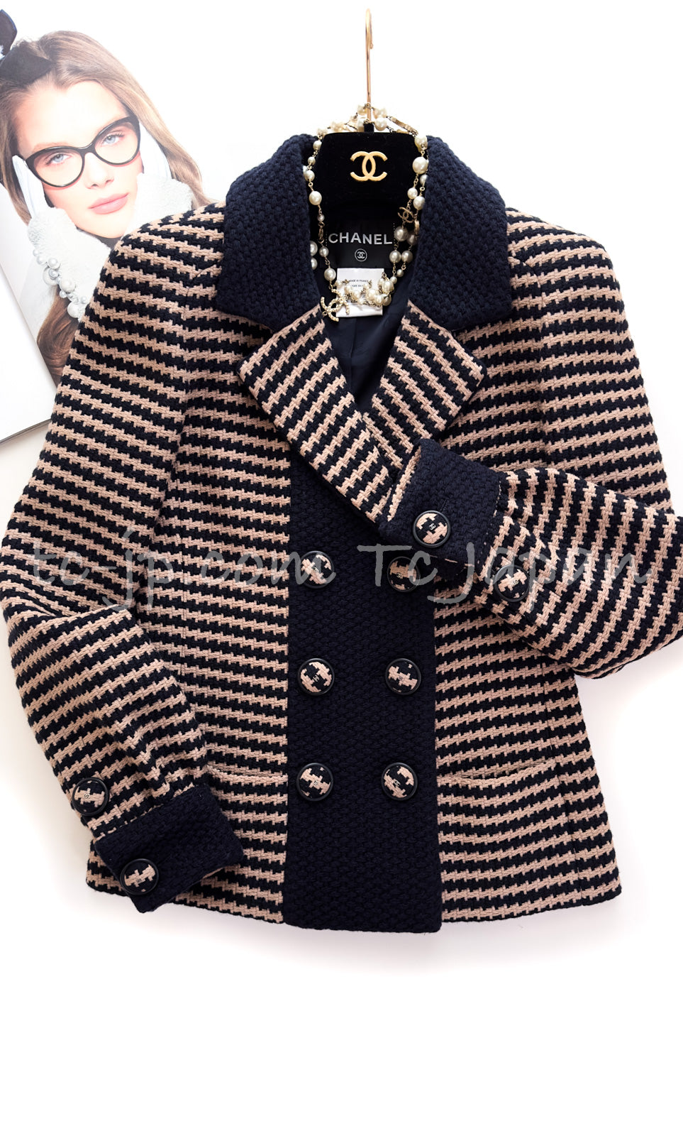 CHANEL 15B Beige Dark Navy Wool Tweed Coat Jacket 36 38 シャネル ベージュ ダーク ネイビー ウール ツイード コート ジャケット 即発