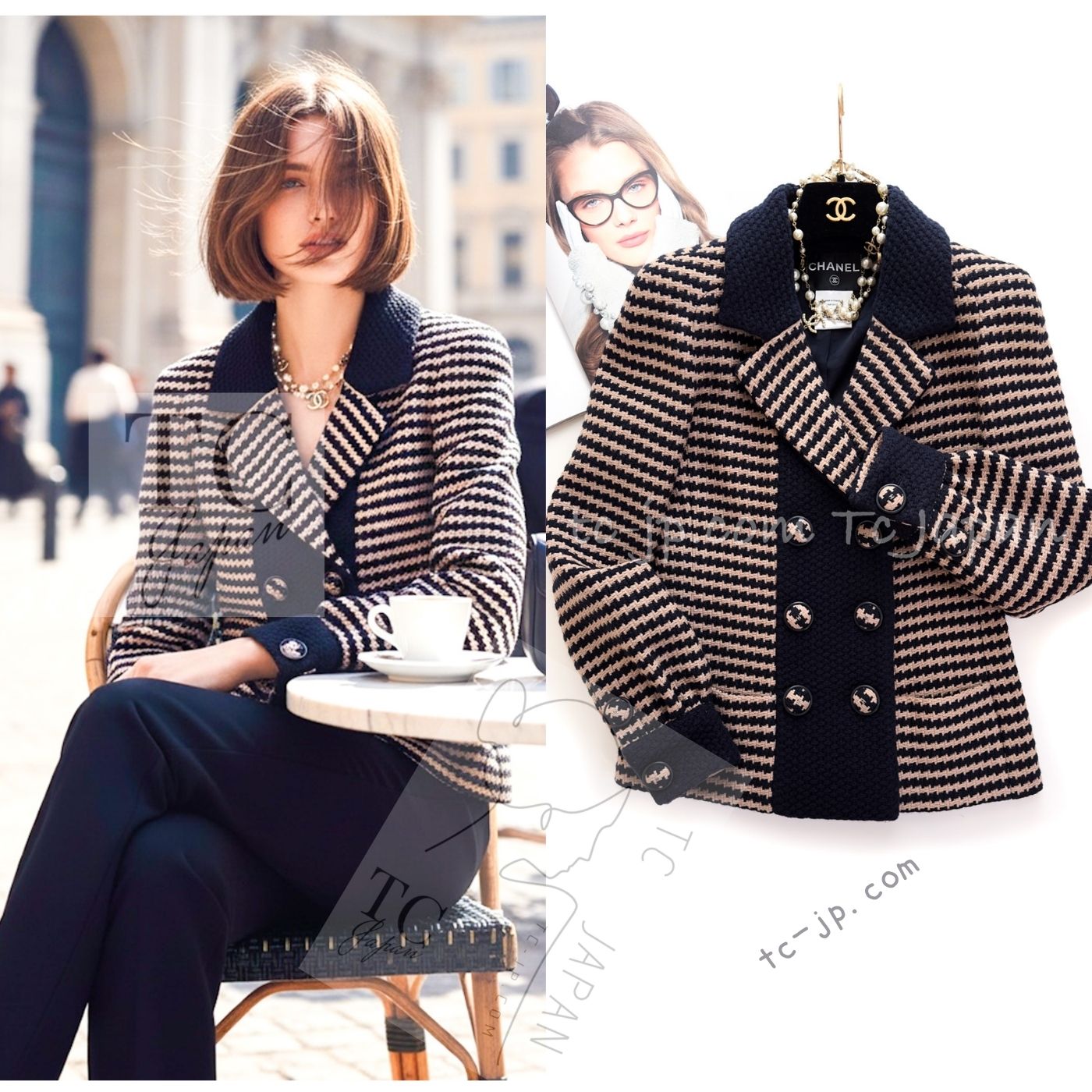 CHANEL 15B Beige Dark Navy Wool Tweed Coat Jacket 36 38 シャネル ベージュ ダーク ネイビー ウール ツイード コート ジャケット 即発 - TC JAPAN