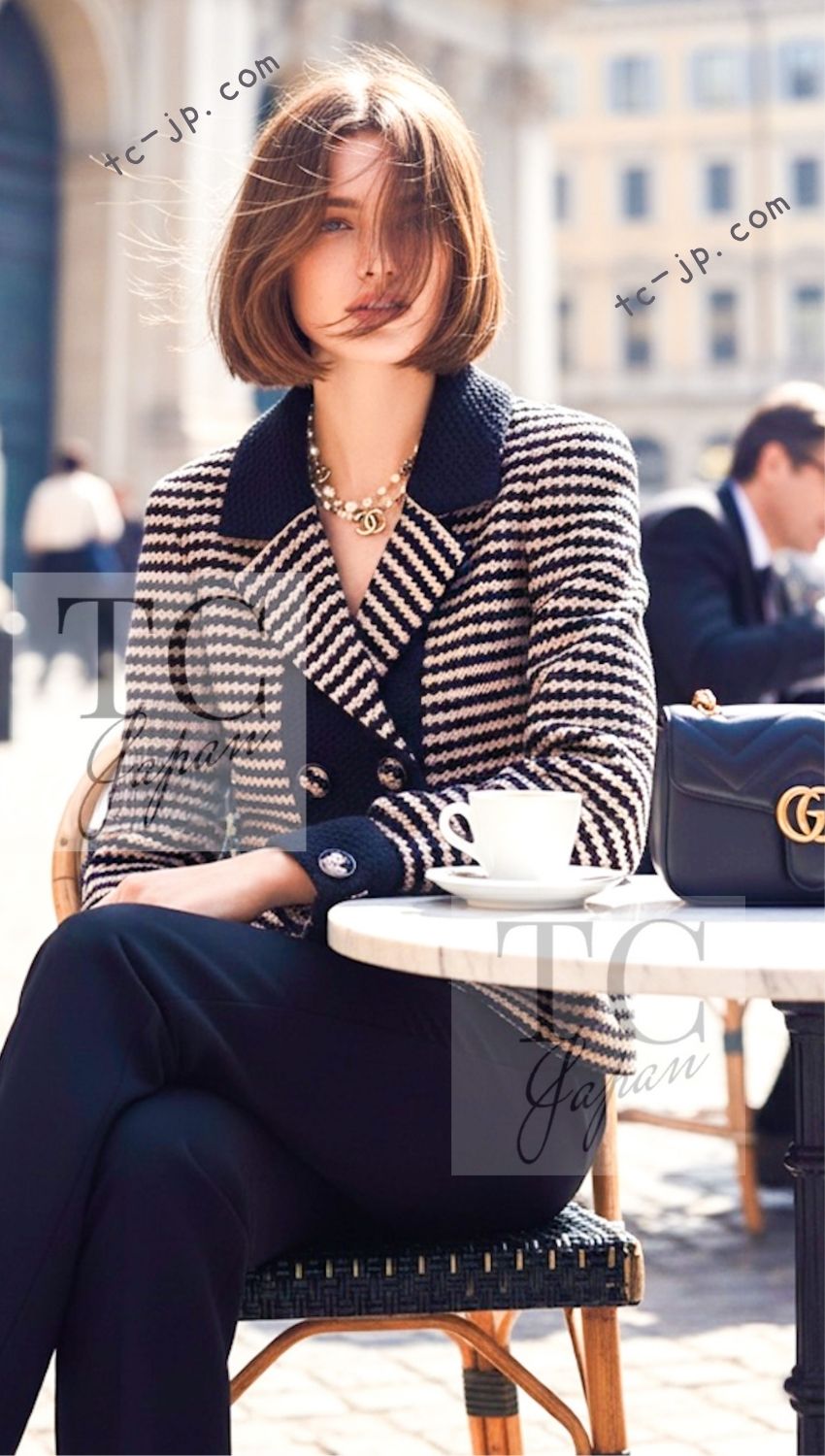 CHANEL 15B Beige Dark Navy Wool Tweed Coat Jacket 36 38 シャネル ベージュ ダーク ネイビー ウール ツイード コート ジャケット 即発