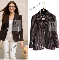 CHANEL 08A Red Black Gray Stripe Wool Cashemre Silk Angora Jacket 36 シャネル レッド ブラック グレー ストライプ ウール カシミア シルク アンゴラ ジャケット 即発