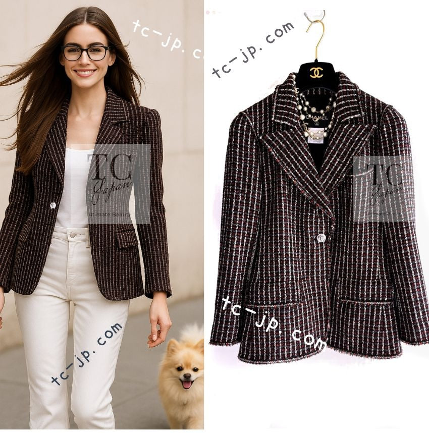 CHANEL 08A Red Black Gray Stripe Wool Cashemre Silk Angora Jacket 36 シャネル レッド ブラック グレー ストライプ ウール カシミア シルク アンゴラ ジャケット 即発