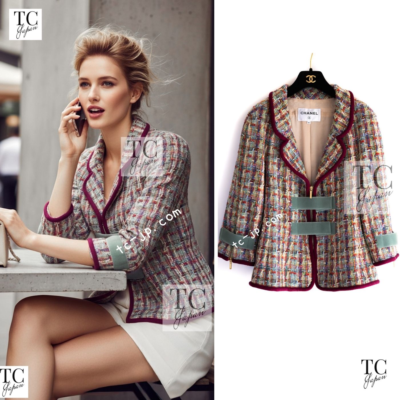 CHANEL 17S Multicolor Tweed Zipper Jacket with Plum Trim & Velcro Accent 38 シャネル マルチカラー プラムトリム ツイード ジッパー ジャケット マジックテープ 装飾 即発