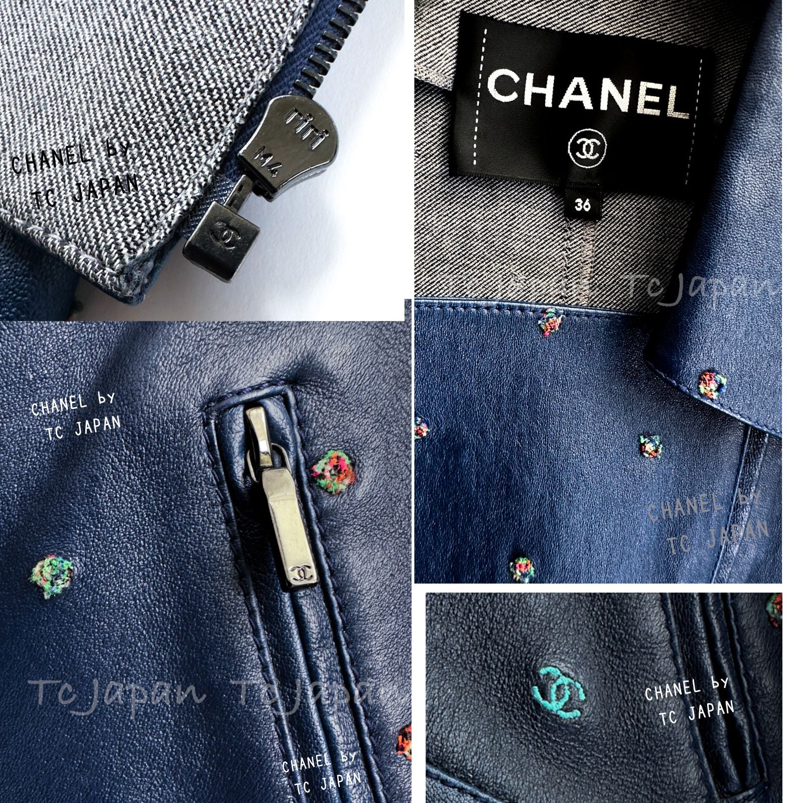 CHANEL 17PS Navy Lambskin Leather Zipper Motorcycle Jacket 36 38 シャネル ネイビー ラムスキン レザー ダブル ジッパー ライダース ジャケット 即発