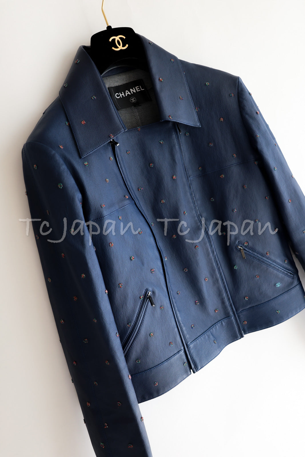 CHANEL 17PS Navy Lambskin Leather Zipper Motorcycle Jacket 36 38 シャネル ネイビー ラムスキン レザー ダブル ジッパー ライダース ジャケット 即発