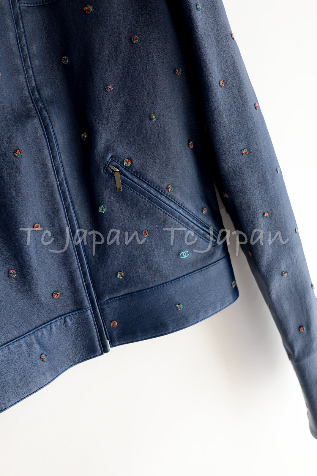 CHANEL 17PS Navy Lambskin Leather Zipper Motorcycle Jacket 36 38 シャネル ネイビー ラムスキン レザー ダブル ジッパー ライダース ジャケット 即発