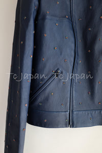 CHANEL 17PS Navy Lambskin Leather Zipper Motorcycle Jacket 36 38 シャネル ネイビー ラムスキン レザー ダブル ジッパー ライダース ジャケット 即発