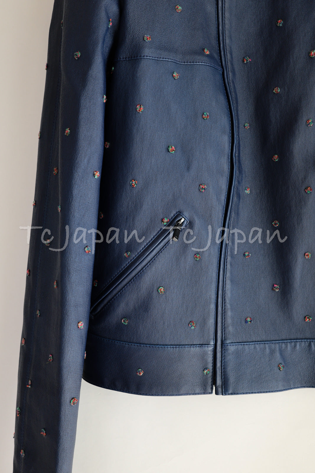 CHANEL 17PS Navy Lambskin Leather Zipper Motorcycle Jacket 36 38 シャネル ネイビー ラムスキン レザー ダブル ジッパー ライダース ジャケット 即発