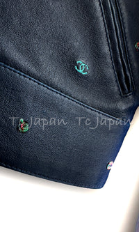 CHANEL 17PS Navy Lambskin Leather Zipper Motorcycle Jacket 36 38 シャネル ネイビー ラムスキン レザー ダブル ジッパー ライダース ジャケット 即発