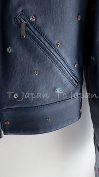 CHANEL 17PS Navy Lambskin Leather Zipper Motorcycle Jacket 36 38 シャネル ネイビー ラムスキン レザー ダブル ジッパー ライダース ジャケット 即発