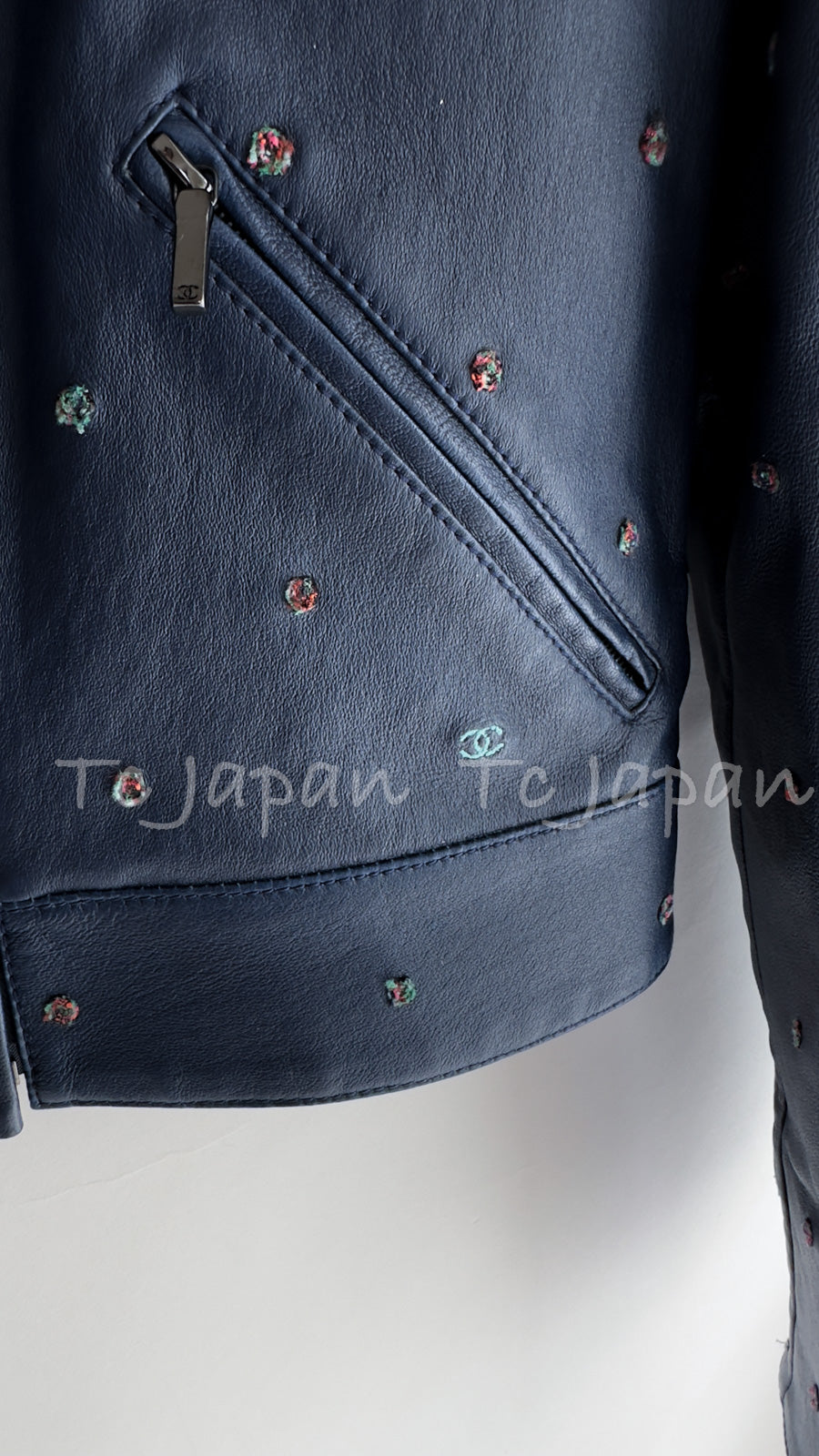 CHANEL 17PS Navy Lambskin Leather Zipper Motorcycle Jacket 36 38 シャネル ネイビー ラムスキン レザー ダブル ジッパー ライダース ジャケット 即発
