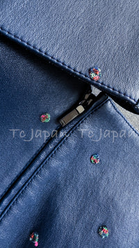 CHANEL 17PS Navy Lambskin Leather Zipper Motorcycle Jacket 36 38 シャネル ネイビー ラムスキン レザー ダブル ジッパー ライダース ジャケット 即発