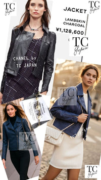 CHANEL 17PS Navy Lambskin Leather Zipper Motorcycle Jacket 36 38 シャネル ネイビー ラムスキン レザー ダブル ジッパー ライダース ジャケット 即発