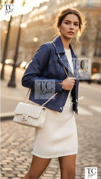 CHANEL 17PS Navy Lambskin Leather Zipper Motorcycle Jacket 36 38 シャネル ネイビー ラムスキン レザー ダブル ジッパー ライダース ジャケット 即発