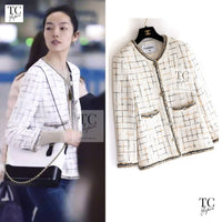 CHANEL 17S Ivory Metallic CC Buttons Collarless Tweed Jacket 34 | HK