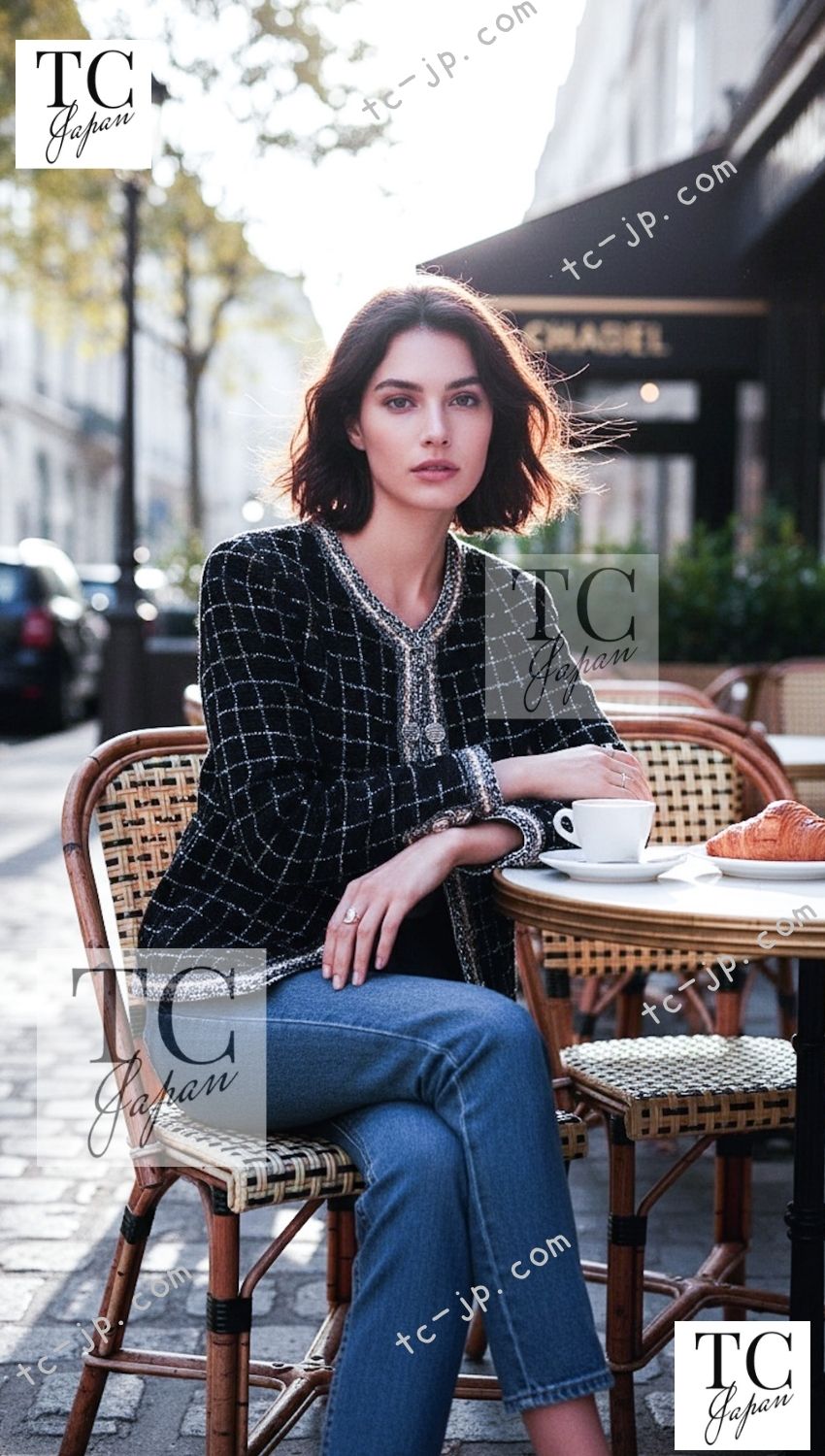 CHANEL 17S black metallic tweed jacket styled on a model
