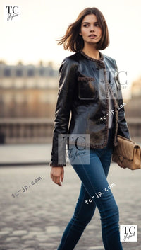 CHANEL 17B Black Lambskin Leather Chain Trim Jacket 36 シャネル ブラック ラム スキン レザー チェーン トリム ジャケット 即発