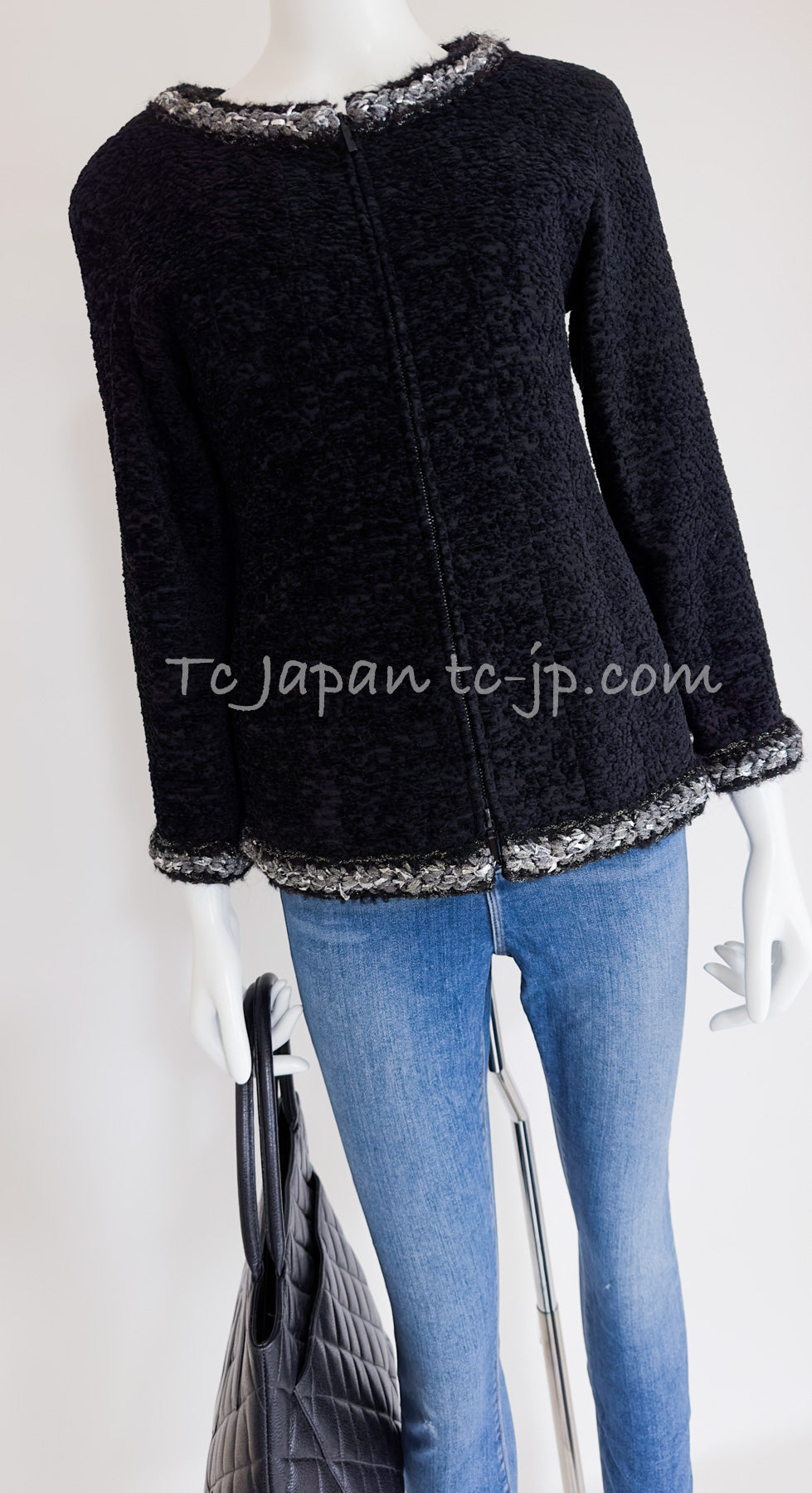 CHANEL 14A Black Silk Metallic Braided Trim Chenille Zipper Jacket 34 シャネル ブラック シルク ブレイド トリム ジッパー ジャケット 即発