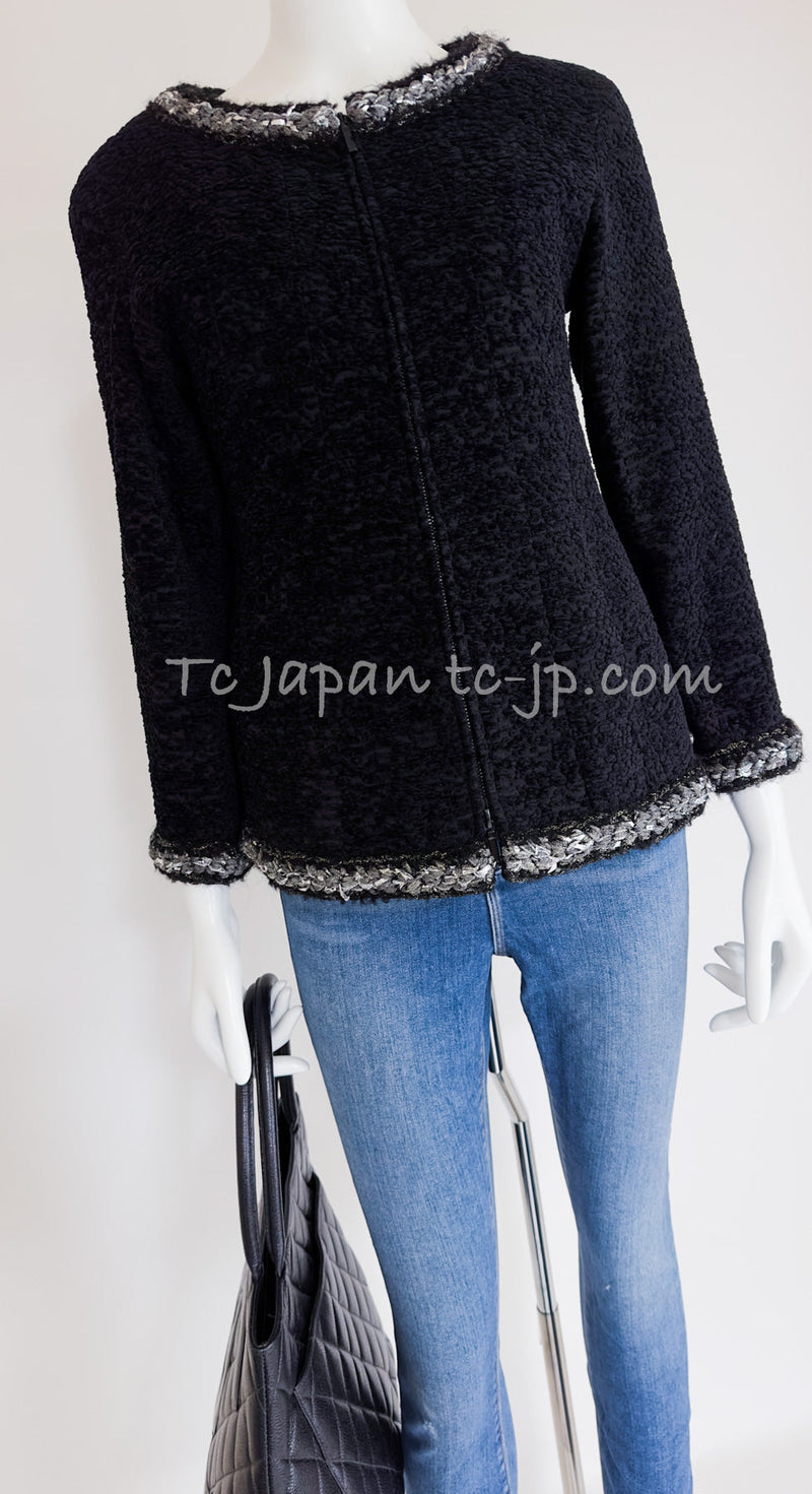 CHANEL 14A Black Silk Metallic Braided Trim Chenille Zipper Jacket 34 シャネル ブラック シルク ブレイド トリム ジッパー ジャケット 即発