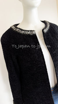 CHANEL 14A Black Silk Metallic Braided Trim Chenille Zipper Jacket 34 シャネル ブラック シルク ブレイド トリム ジッパー ジャケット 即発