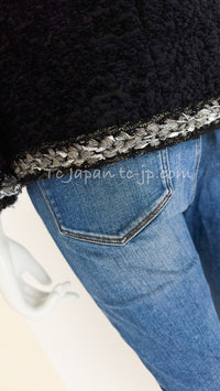 CHANEL 14A Black Silk Metallic Braided Trim Chenille Zipper Jacket 34 シャネル ブラック シルク ブレイド トリム ジッパー ジャケット 即発