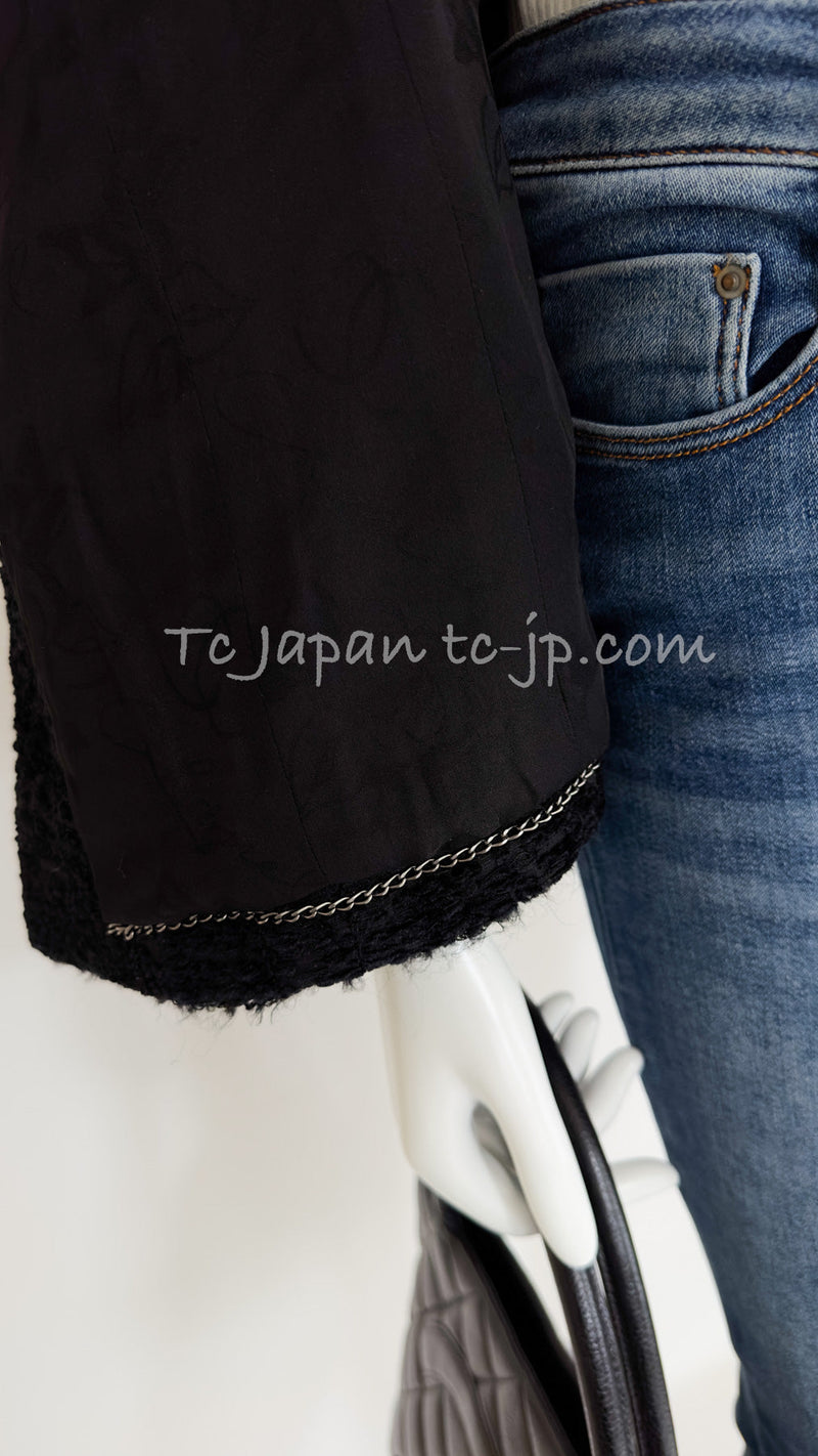 CHANEL 14A Black Silk Metallic Braided Trim Chenille Zipper Jacket 34 シャネル ブラック シルク ブレイド トリム ジッパー ジャケット 即発