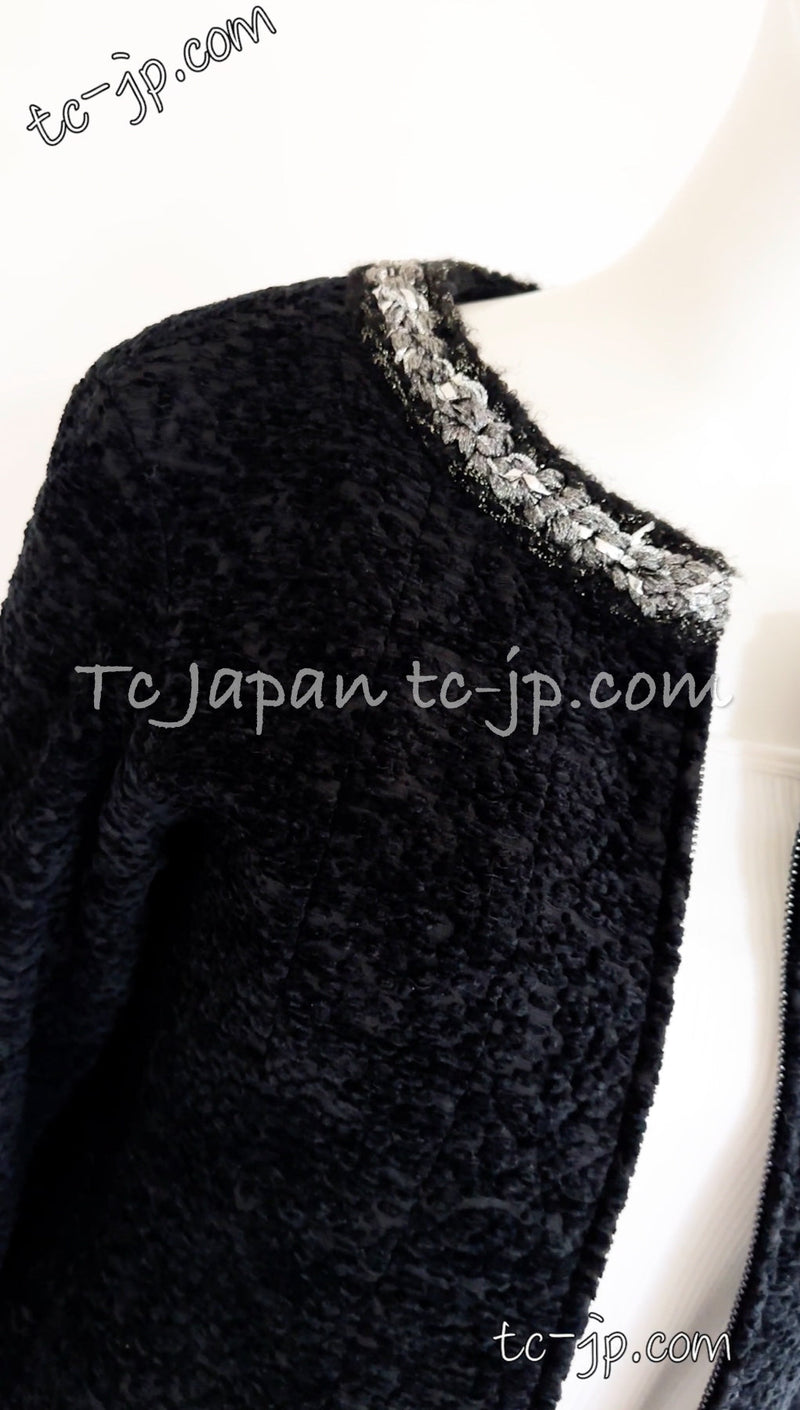 CHANEL 14A Black Silk Metallic Braided Trim Chenille Zipper Jacket 34 シャネル ブラック シルク ブレイド トリム ジッパー ジャケット 即発