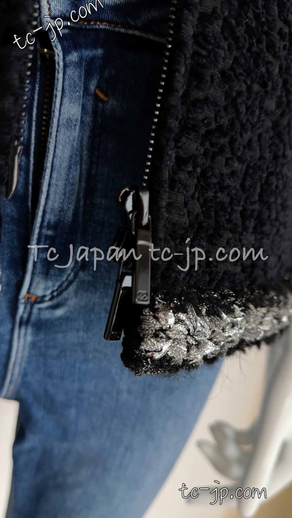 CHANEL 14A Black Silk Metallic Braided Trim Chenille Zipper Jacket 34 シャネル ブラック シルク ブレイド トリム ジッパー ジャケット 即発
