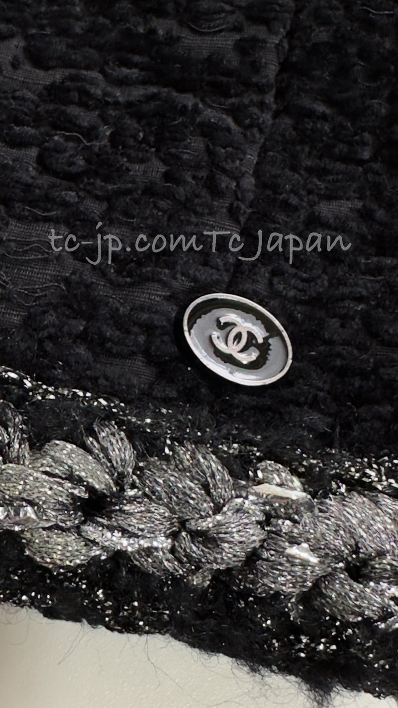 CHANEL 14A Black Silk Metallic Braided Trim Chenille Zipper Jacket 34 シャネル ブラック シルク ブレイド トリム ジッパー ジャケット 即発