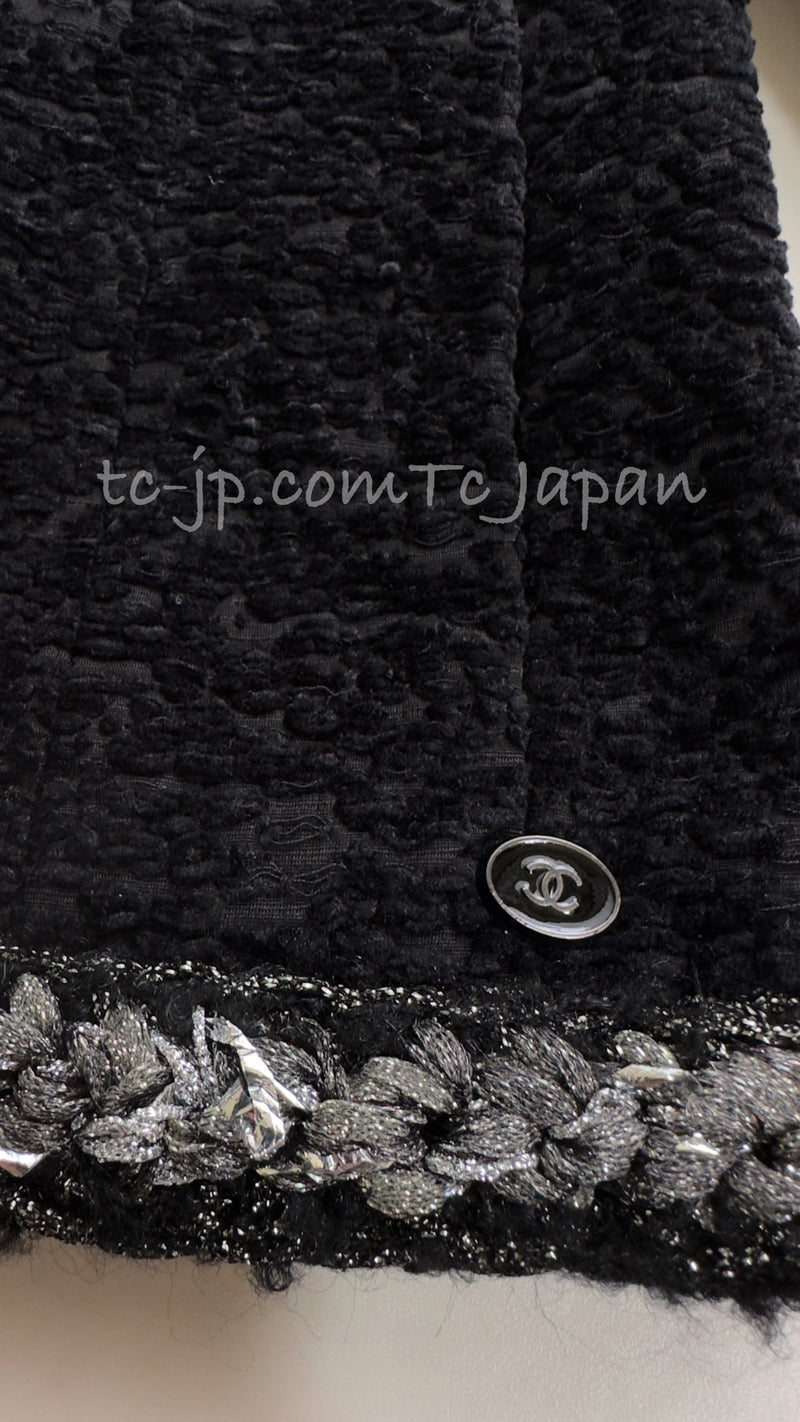 CHANEL 14A Black Silk Metallic Braided Trim Chenille Zipper Jacket 34 シャネル ブラック シルク ブレイド トリム ジッパー ジャケット 即発