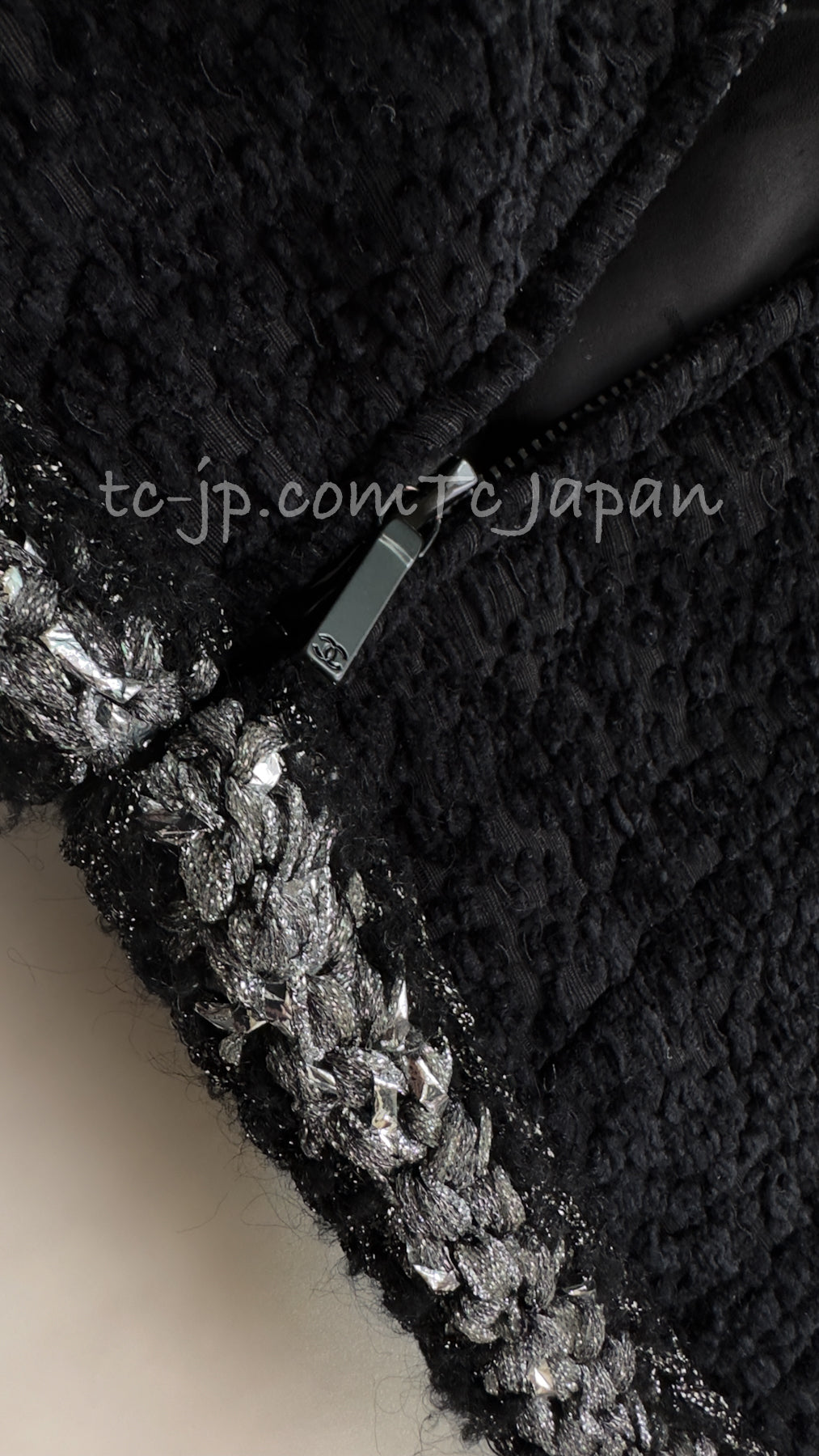 CHANEL 14A Black Silk Metallic Braided Trim Chenille Zipper Jacket 34 シャネル ブラック シルク ブレイド トリム ジッパー ジャケット 即発