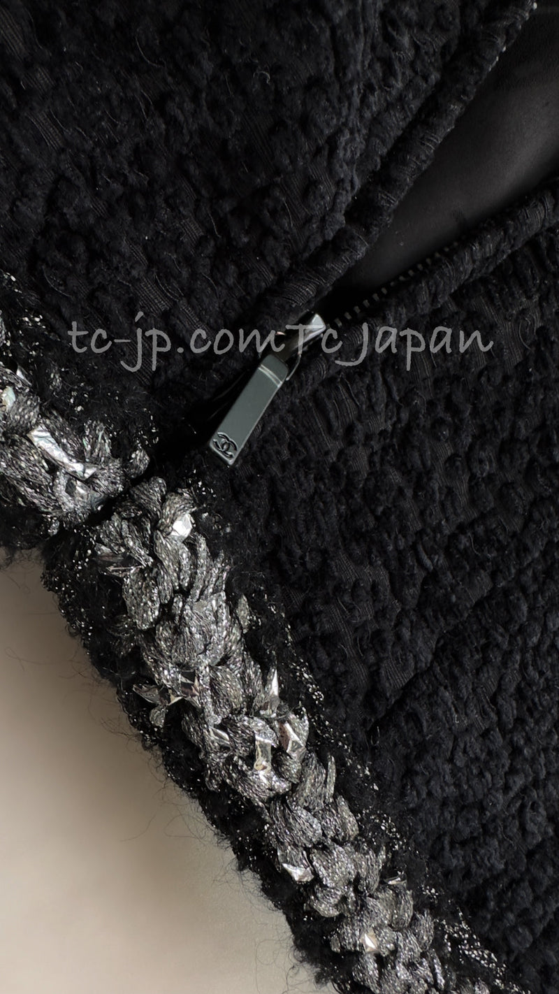 CHANEL 14A Black Silk Metallic Braided Trim Chenille Zipper Jacket 34 シャネル ブラック シルク ブレイド トリム ジッパー ジャケット 即発